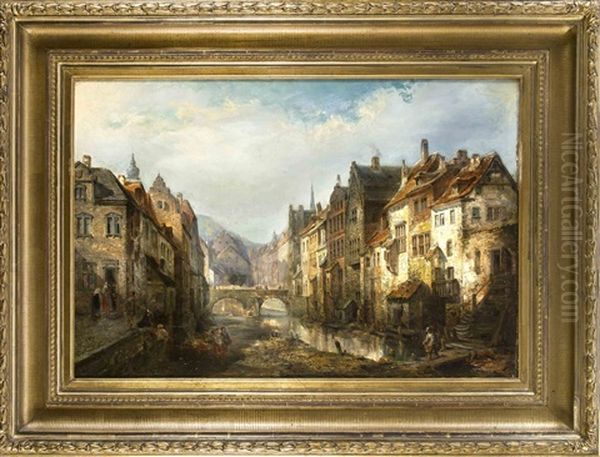 Ansicht Des Belgischen Stadtchens Huy An Der Maas Mit Staffagefiguren Oil Painting by (Paul) Joseph Minjon