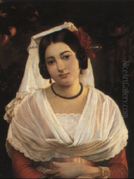 An Italian Lady In Pensive Mood Oil Painting by Ferdinand Minor