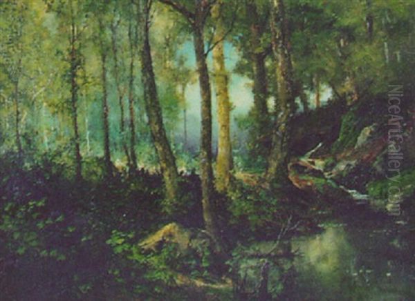 Wooded Landscape With Running Stream Oil Painting by Robert Crannell Minor