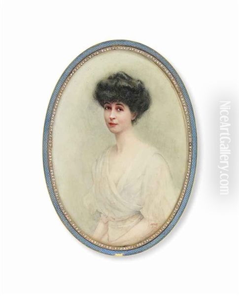 A Lady Of The Londonderry Family, In White Dress With Loose Elbow-length Sleeves, Her Dark Hair Piled On Her Head Oil Painting by Joseph Otis Minott