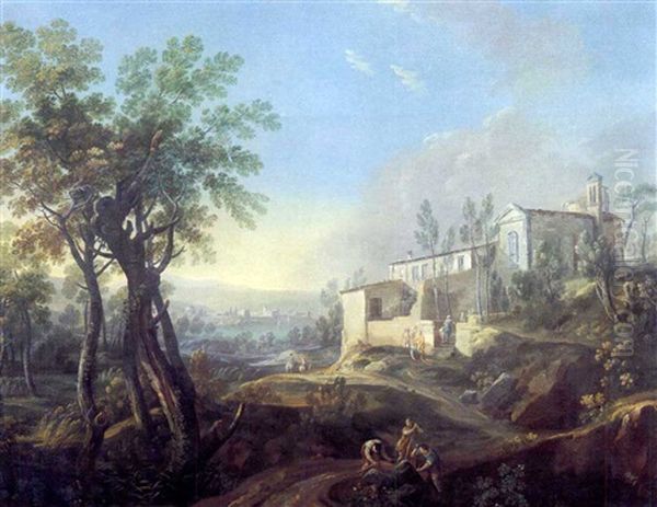 Paesaggio Con Chiesa (+ Paesaggio Con Borgo E Corso D'aqua; 2 Works) Oil Painting by Bernardino Minozzi