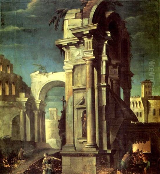 A Classical Capriccio Of An Italian Town With Goldsmith And Other Figures In The Foreground Oil Painting by Bernardino Minozzi