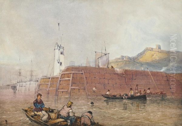 Fishermen In Boats At The Entrance To The Harbour At Scarborough Oil Painting by William Roxby Beverley