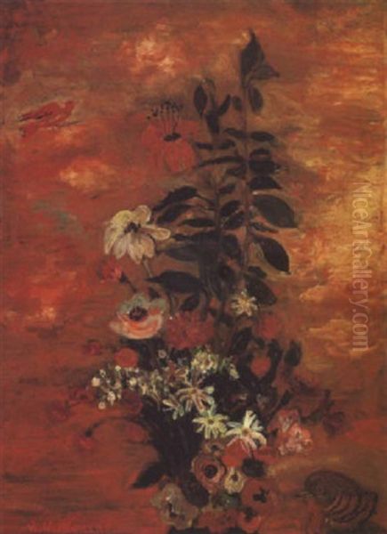 Flowers And Bird Oil Painting by Abraham Mintchine