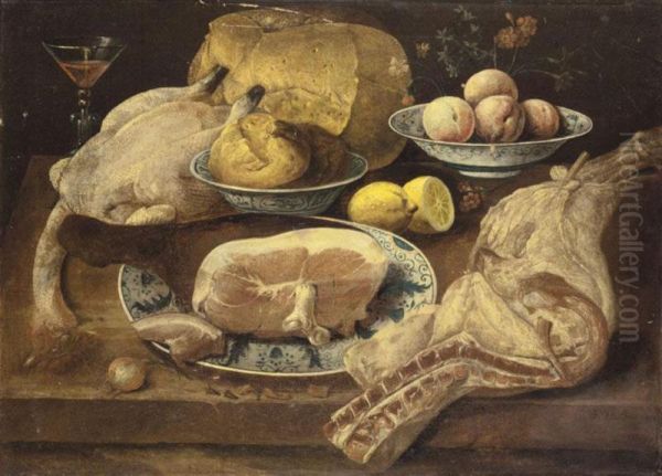 A Still Life With A Leg Of Ham And Other Meats Together With Peaches, Lemons, Buns And A Loaf Of Bread Oil Painting by J. B. A. Beverts