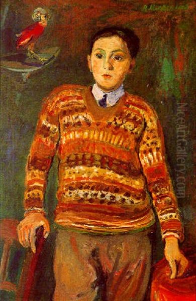 Portrait Of A Boy With A Parrot Oil Painting by Abraham Mintchine