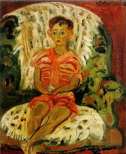 Boy In Red Oil Painting by Abraham Mintchine