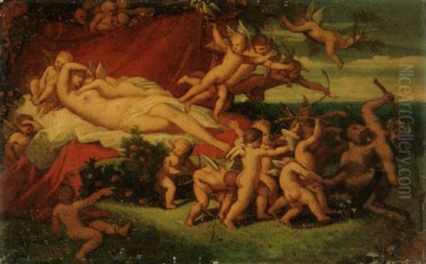 Amoretten Vertreiben Einen Satyr Vom Lager Der Venus by Theodor Mintrop