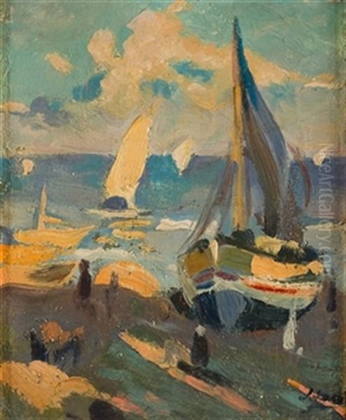 Barcas En La Playa Oil Painting by Joaquin Mir Trinxet