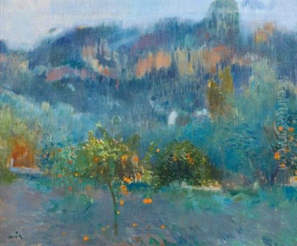 Paisaje Mallorquin Con Naranjos (orange Trees In Mallorca) Oil Painting by Joaquin Mir Trinxet