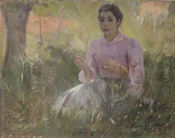 Retrato De La Hermana Del Pintor En La Hierba Oil Painting by Joaquin Mir Trinxet