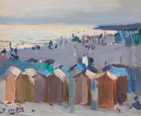 Casetas De Bano, Playa De Vilanova (bathing Huts On The Beach At Vilanova) Oil Painting by Joaquin Mir Trinxet