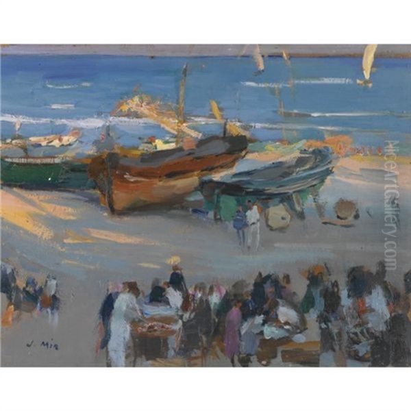 La Llegada Del Pescado, Vilanova (the Day's Catch, Vilanova) Oil Painting by Joaquin Mir Trinxet