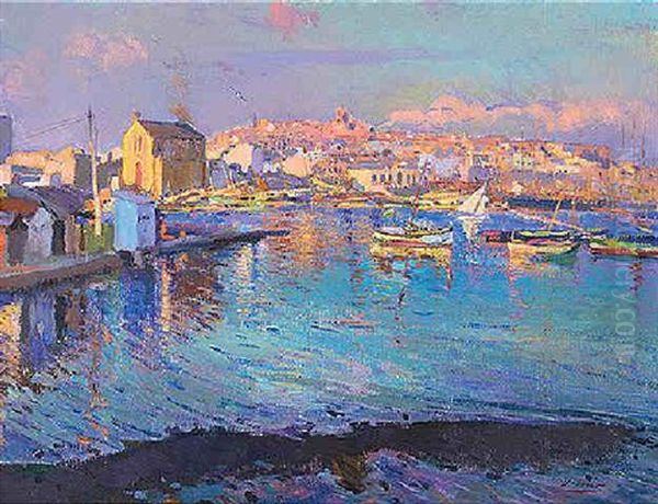 Puerto De Tarragona, Atardecer Oil Painting by Joaquin Mir Trinxet