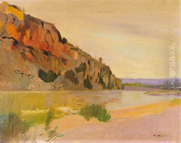 Paisage Fluvial Con Barca: Miravet D'ebre Oil Painting by Joaquin Mir Trinxet