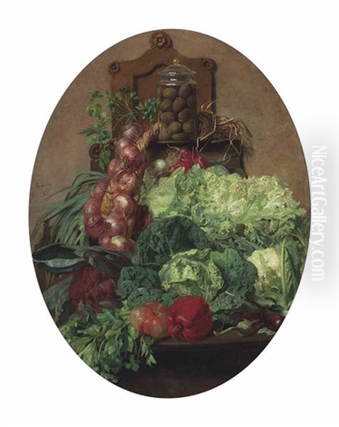 Vegetables On A Ledge Oil Painting by Josep Mirabent Gatell