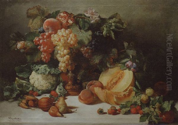 Grapes In A Tazza, With Melon, Peaches, Pears, A Cauliflower And Other Fruit And Vegetables On A Marble Ledge Oil Painting by Josep Mirabent Gatell