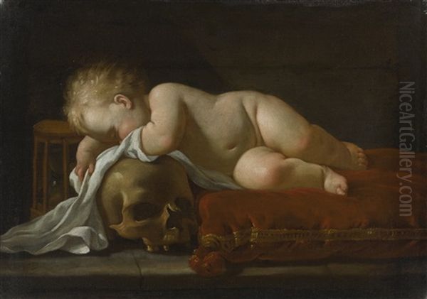 A Vanitas Scene With A Sleeping Child On A Red Velvet Cushion, An Egg Timer And A Skull Oil Painting by Luigi Miradori