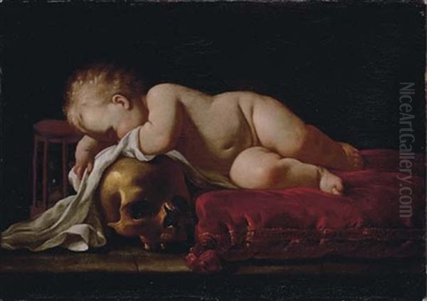 A Vanitas Still-life With A Baby On A Red Velvet Cushion Resting On A Skull Oil Painting by Luigi Miradori