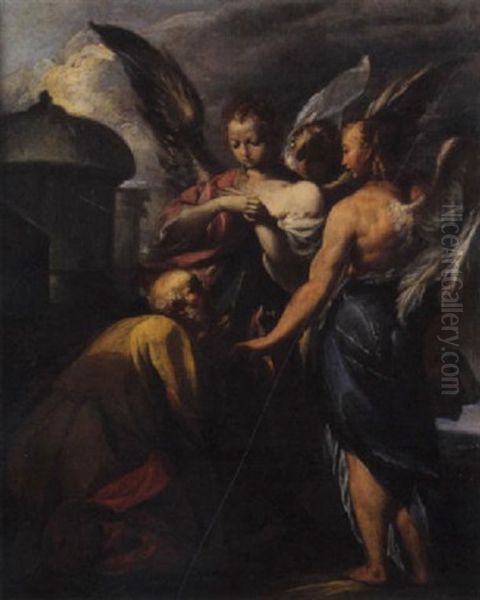 Abramo E I Tre Angeli Oil Painting by Luigi Miradori