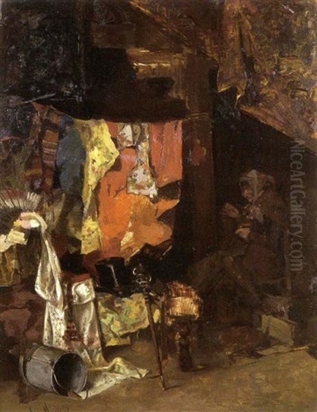 Femme Cousant Dans Un Interieur Oil Painting by Enrique Miralles Darmanin