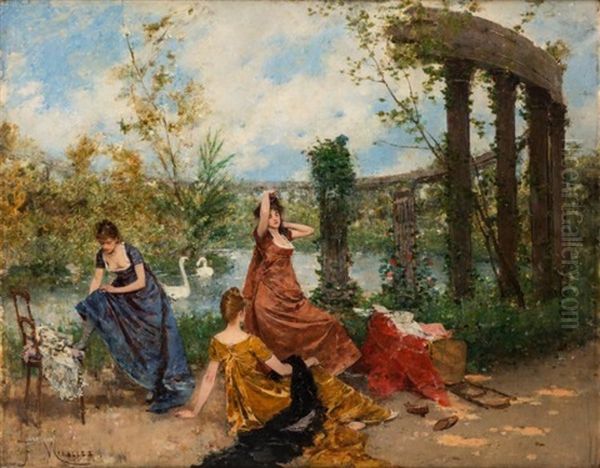 Three Ladies By A Swan Pond Oil Painting by Francisco Miralles y Galup