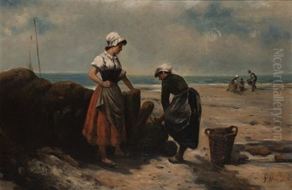 Beach Scene With Figures Oil Painting by Francisco Miralles y Galup