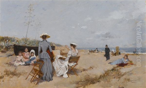 Painting On The Beach Oil Painting by Francisco Miralles y Galup