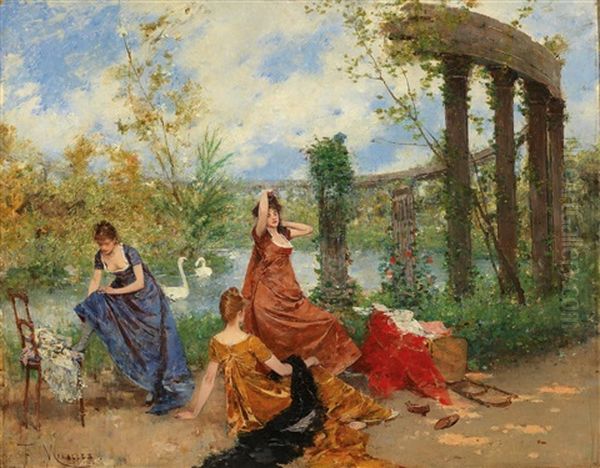 Ladies Near The Park Pond Oil Painting by Francisco Miralles y Galup