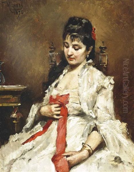 The Red Ribbon Oil Painting by Francisco Miralles y Galup