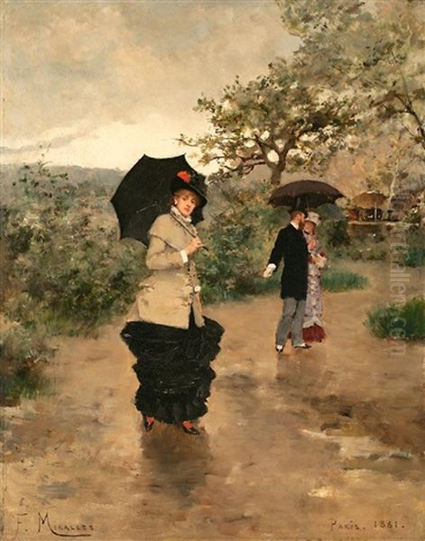 Jovenes En Un Jardin Parisino Oil Painting by Francisco Miralles y Galup