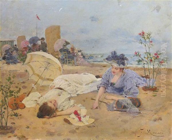 Resting On The Beach Oil Painting by Francisco Miralles y Galup