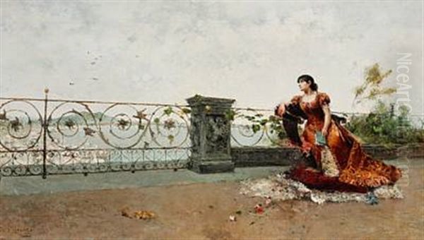 A Young Lady Enjoying The View From A Terrace Oil Painting by Francisco Miralles y Galup