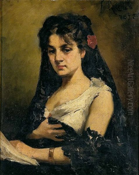 Dama Con Mantilla Leyendo Una Carta Oil Painting by Francisco Miralles y Galup