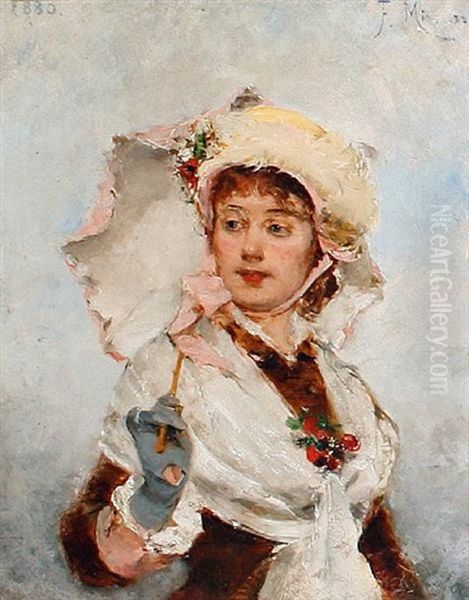 Lady With A Parasol Oil Painting by Francisco Miralles y Galup