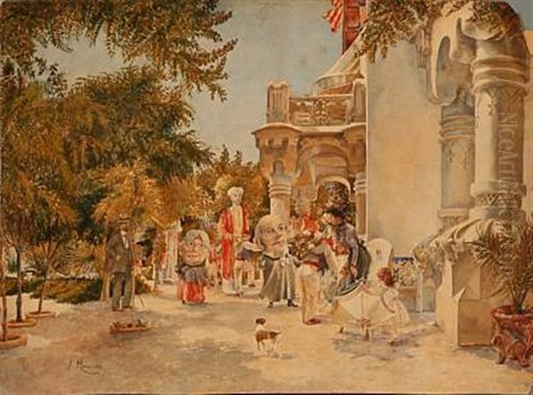 National Festival Carneval Near A House Oil Painting by Francisco Miralles y Galup