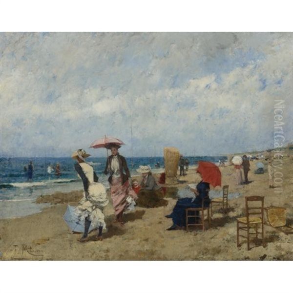 Summer On The Beach Oil Painting by Francisco Miralles y Galup