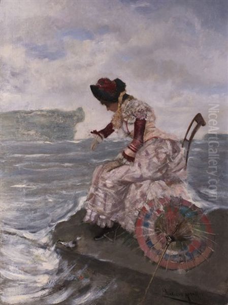 Dame Im Seidenkleid Mit Schirm Am Meer Oil Painting by Francisco Miralles y Galup