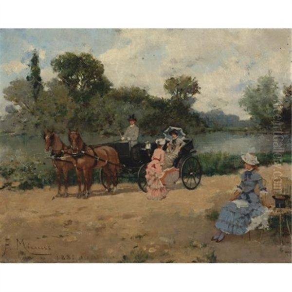 Carriage Ride By The River Oil Painting by Francisco Miralles y Galup