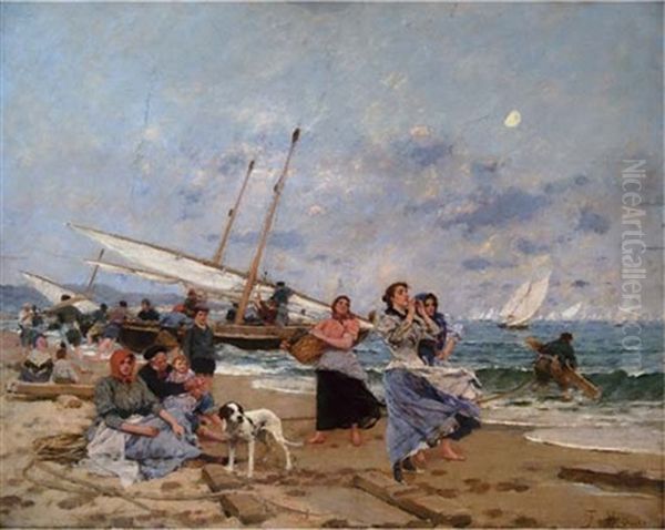 Las Barcas Del Bou Oil Painting by Francisco Miralles y Galup