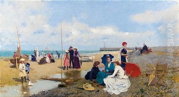 Tarde En La Playa (an Afternoon On The Beach) Oil Painting by Francisco Miralles y Galup