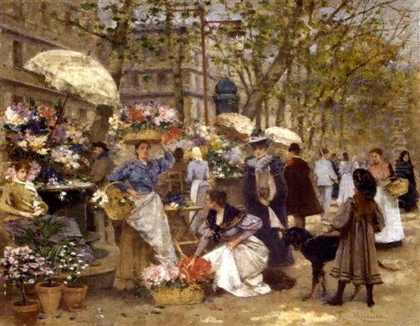 Mercado De Flores En Paris (the Flower Market, Paris) Oil Painting by Francisco Miralles y Galup