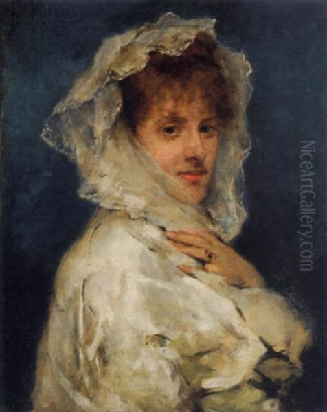 Woman In White Oil Painting by Francisco Miralles y Galup