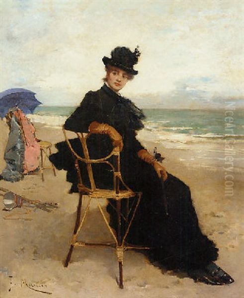 A Lady Seated On The Beach Oil Painting by Francisco Miralles y Galup