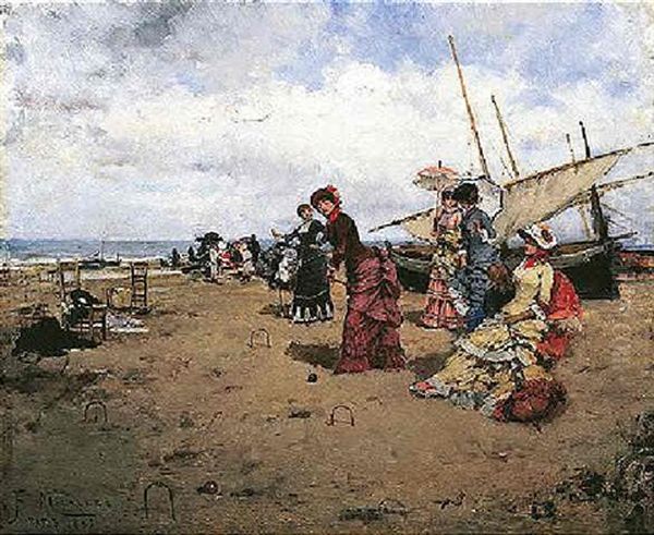 Jugando Al Croquet En La Playa Oil Painting by Francisco Miralles y Galup