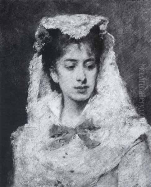 Portrait Of A Woman In White Oil Painting by Francisco Miralles y Galup