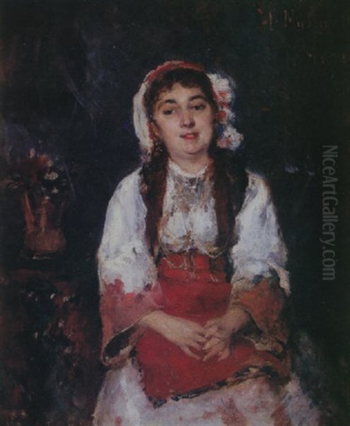 Jovencita En Traje Regional Oil Painting by Francisco Miralles y Galup