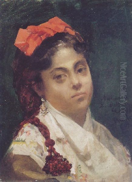 Lady With A Red Bow Oil Painting by Francisco Miralles y Galup