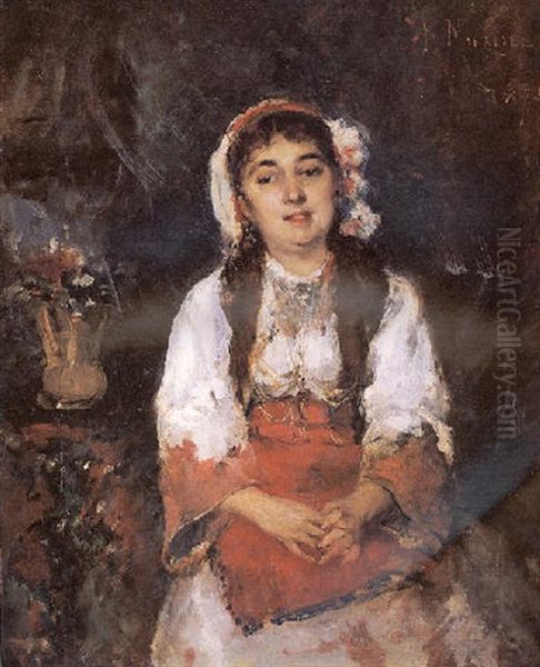 Jovencita En Traje Regional Oil Painting by Francisco Miralles y Galup