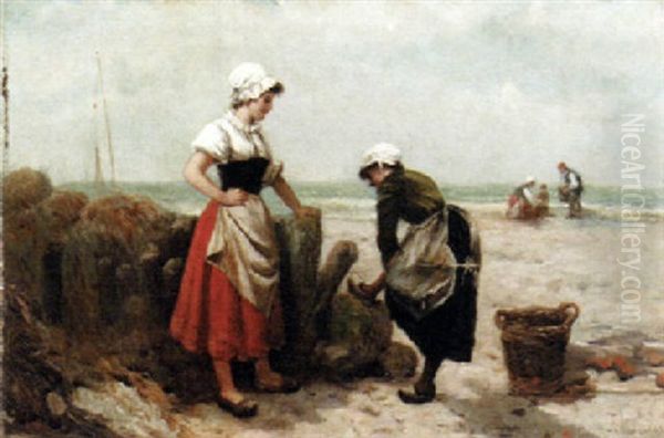 Fisherfolk On The Beach Oil Painting by Francisco Miralles y Galup